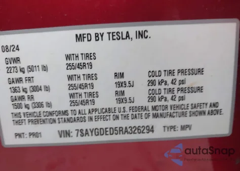 2024 Tesla Model Y z USA, uszkodzony, nr VIN 7SAYGDED5RA326294